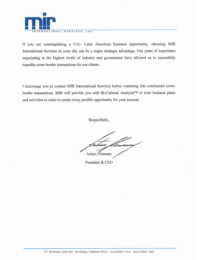 letter form the president Arturo Alemany